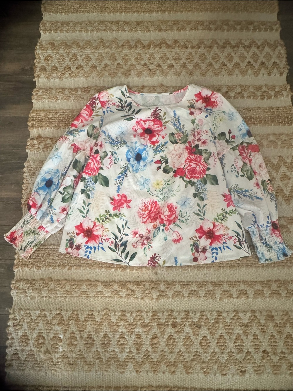 SHEIN White Floral Long-Sleeve Blouse with Pink & Blue Flowers